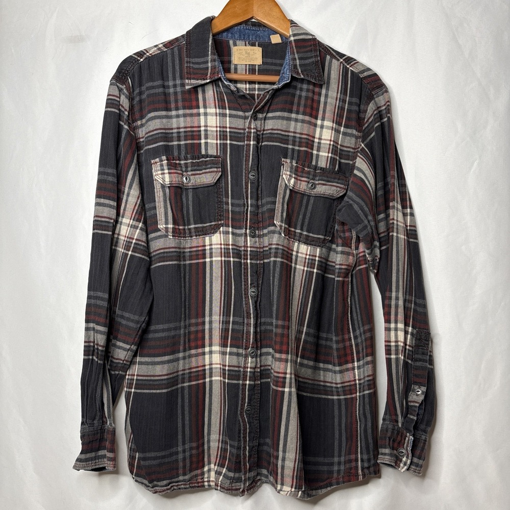 RedHead Men L Long Sleeve Plaid Flannel Button down Outdoor Rustic Casual Gray‎